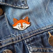 Load image into Gallery viewer, enamel pin of a fox head on a denim jacket
