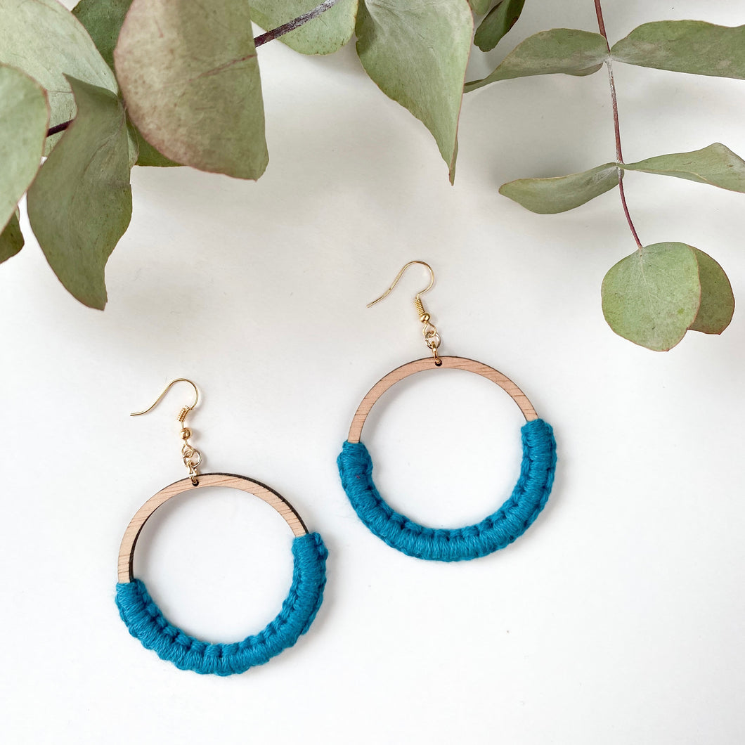 Macramé Earrings - Woven Wood (Large) - Teal