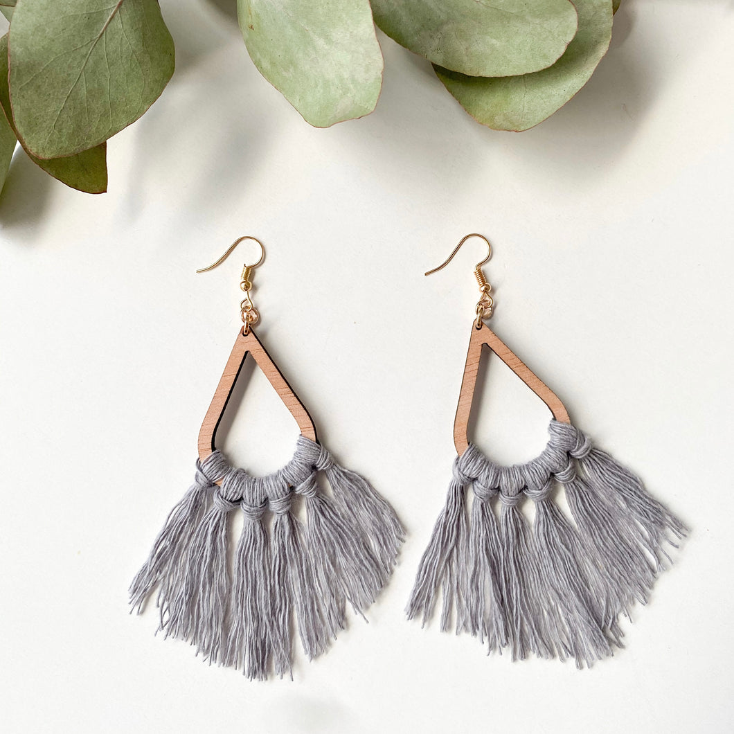 Macramé Earrings - Teardrop Tassels (Medium) - Grey