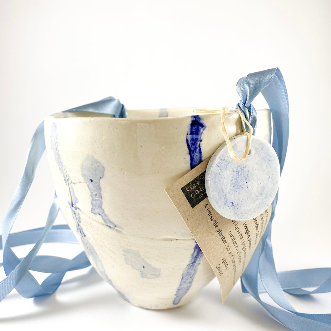 Ceramic Hanging Planter - Delft and White