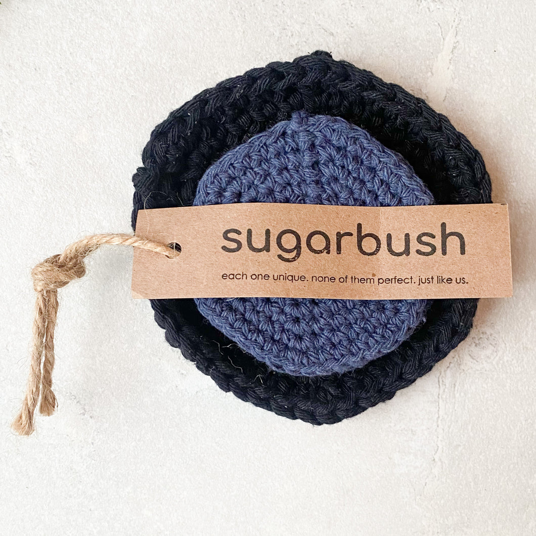 Crocheted Trivet and Coaster Set - Black and Denim