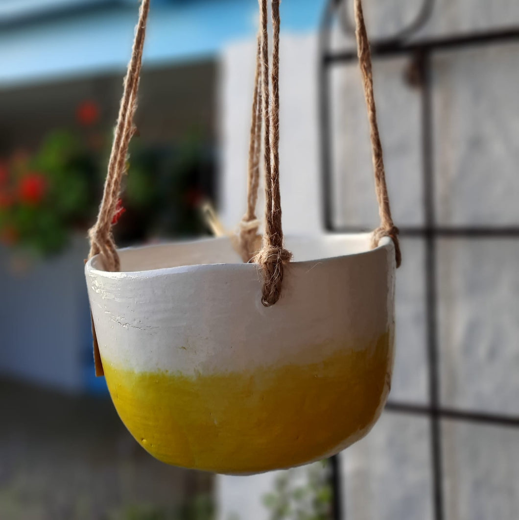 Ceramic Hanging Planter - White and Yellow