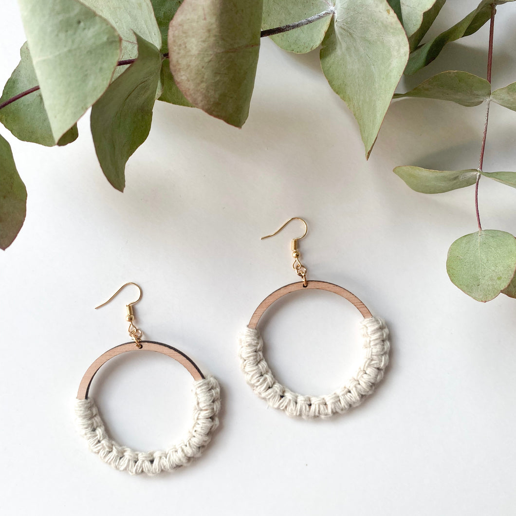 Macramé Earrings - Woven Wood (Large) - Natural