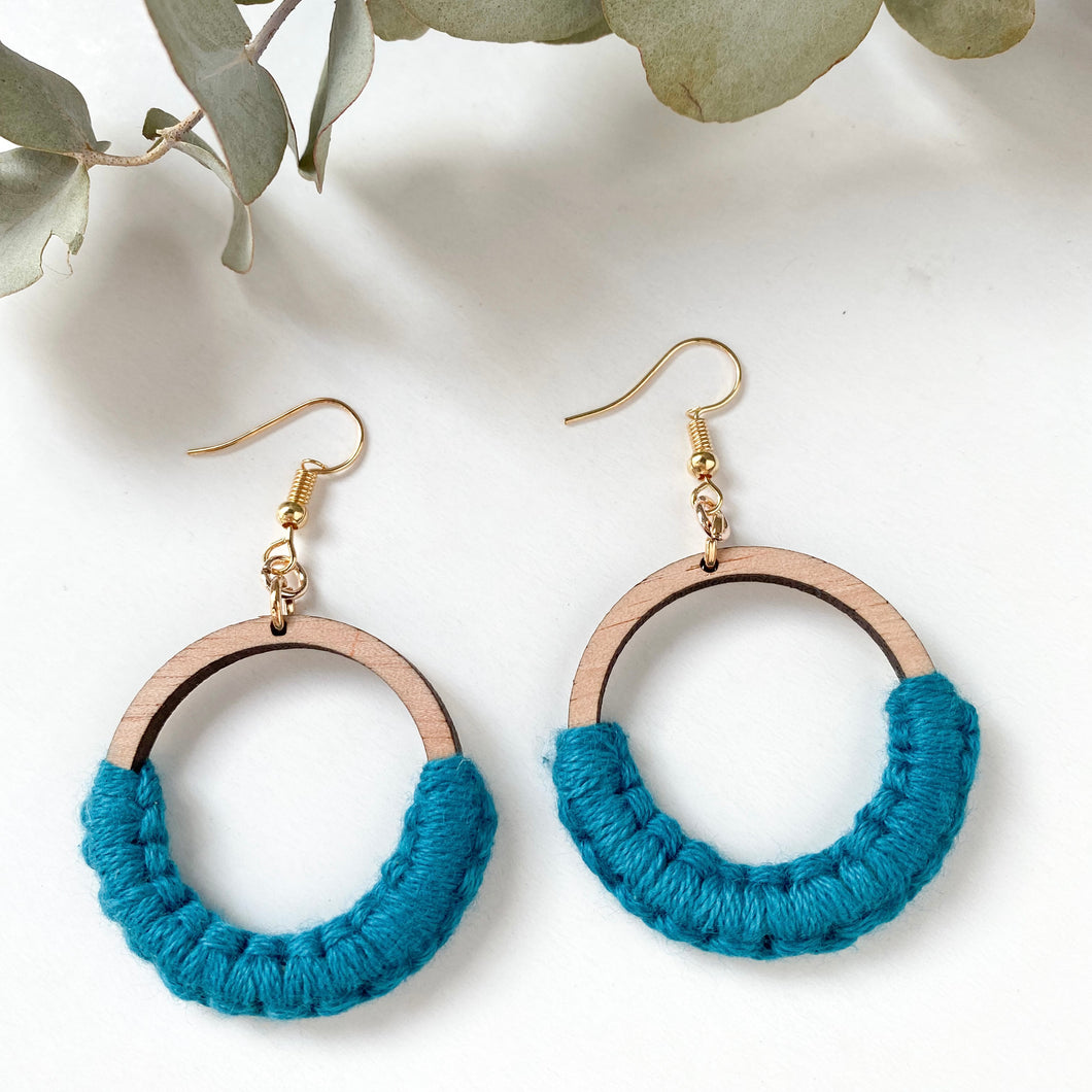 Macramé Earrings - Woven Wood (Small) - Teal