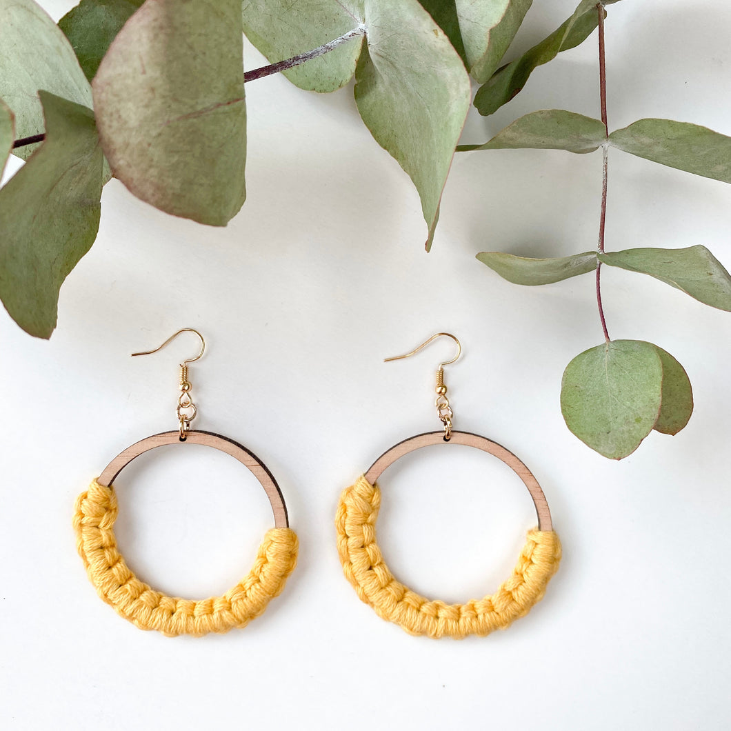 Macramé Earrings - Woven Wood (Large) - Yellow